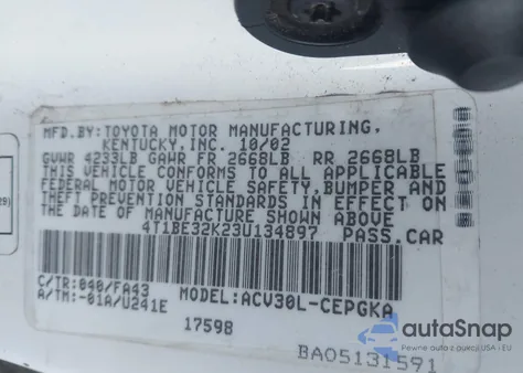 2003 Toyota Camry Xle из США, поврежденный, VIN 4T1BE32K23U134897